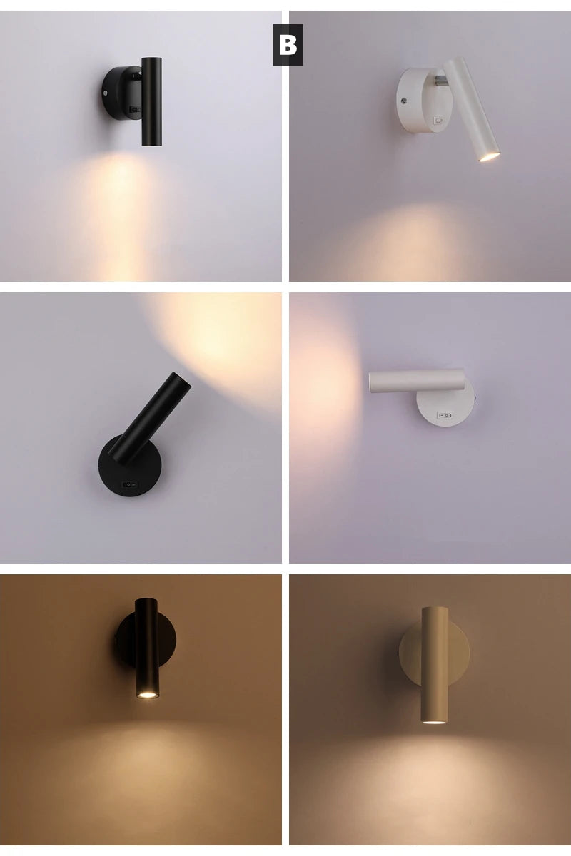 LED Wall Lamps with Switch Rotatable Adjust Aluminum 3W Spotlight Bedside Reading Light Hotel Bedroom RV Sconce Light Fixture