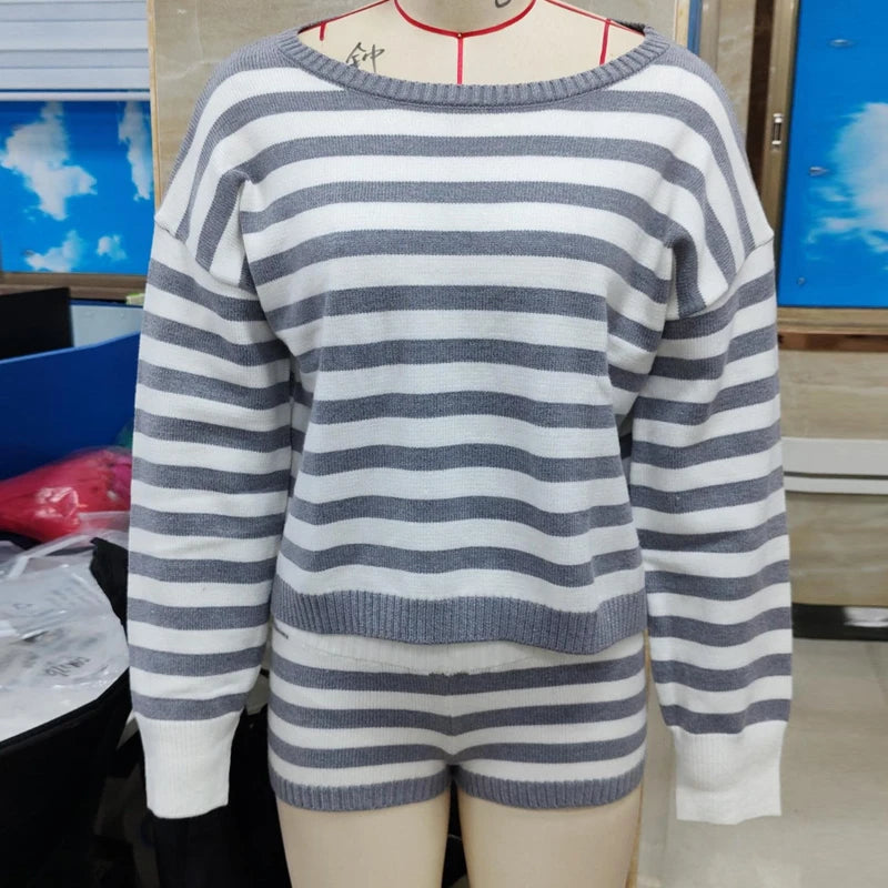 Maemukilabe Women Striped Sweater Set Vintage Off Shoulder  Long Sleeve Pullovers Tops + Shorts 2 Piece Fall Loungwear Set