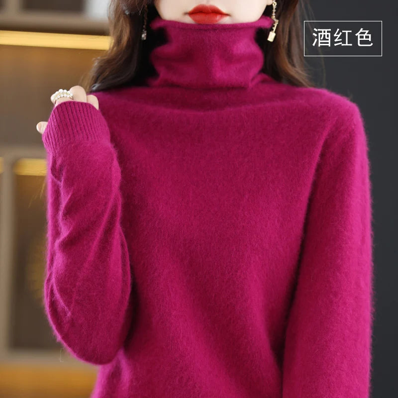 Women's Pile Collar 100% Mink Cashmere Sweater Winter High Collar Knitted Pullover Casual Short Thick Tops Loose Warm Base Shirt