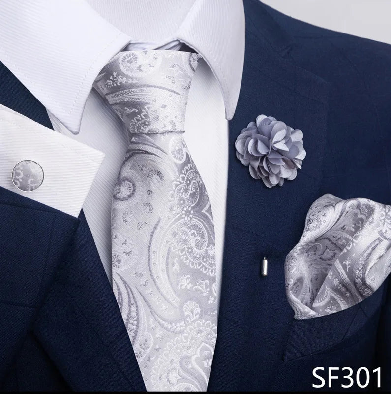 Hot Sale Luxury 8 Cm Blue Floral Ties Pocket Square Cufflinks Brooch Set For Man Suit Accessories Holiday Gift Fit Formal Party