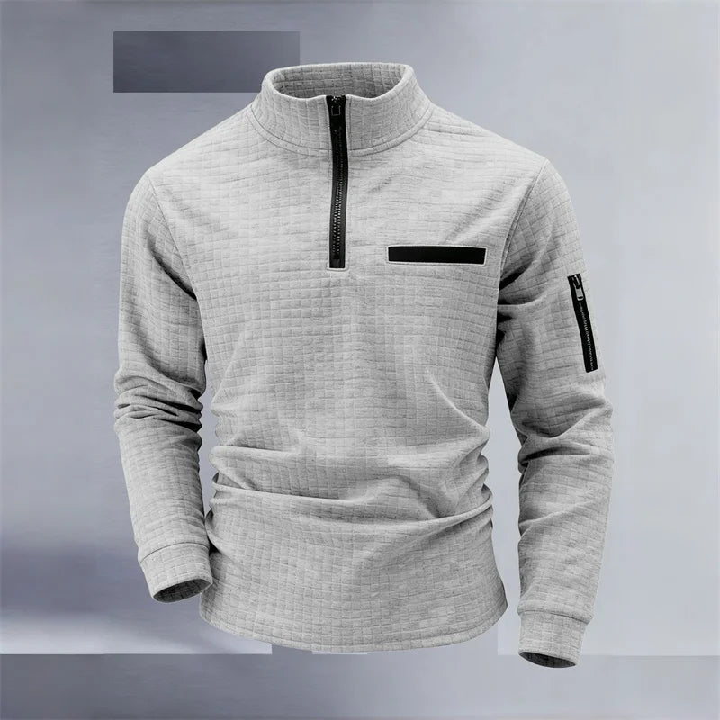 New men's athletic polo shirt, vintage striped design with half-zip closure, slim fit, stylish outdoor long-sleeved casual top.