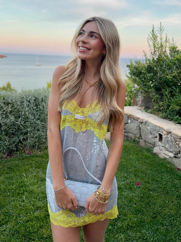 Sexy Sequin Lace Trim Patchwork Short Dress Women V-neck Sleeveless High Waist Mini Sling Dresses 2026 Summer Vacation Lady Robe