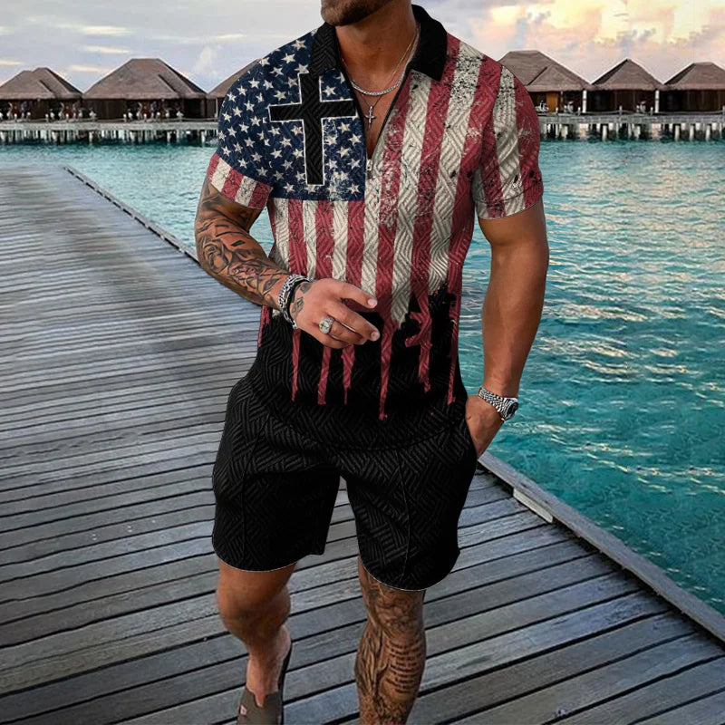 Men Zipper Polo Shirt Suit 2 Pcs Tracksuit Summer 3D Print Beach Boho Geometric Style Holiday Clothing Ensembles De Sport