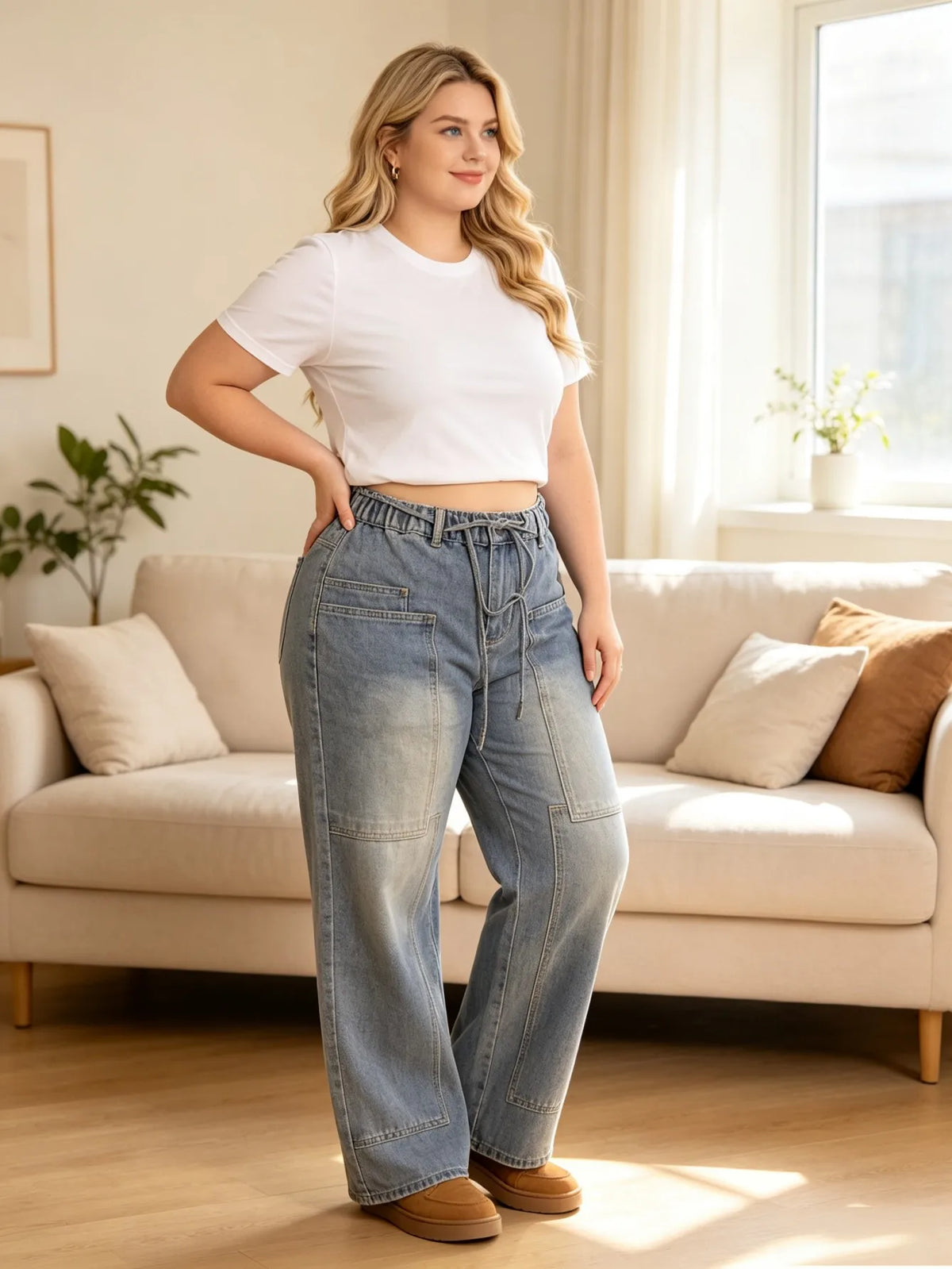【HME】Jeans | Drawstring Elastic High Waist Denim Pants, Cargo Patch Pockets With Contrast Stitching Wide Leg Denim, Light Wash Vintage Fabric, Relaxed Fit Flattering Pants For Women Daily Commute & Streetwear