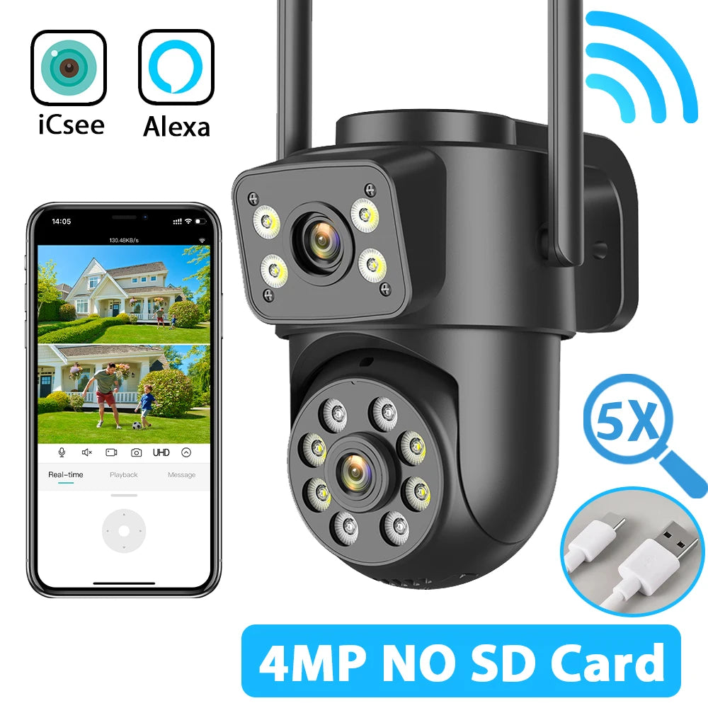 Dual Screen WiFi Security Camera 4K 8MP Dual Lens Surveillance Camera Human Detection Night Vision 5X Zoom Home Outdoor Security
