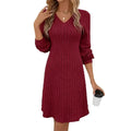 Solid Color Long Sleeve Knitted Ribbed Women Mini Dress Winter Warm V-neck Pit Stripe Dresses Casual Party Vacation New Clothes