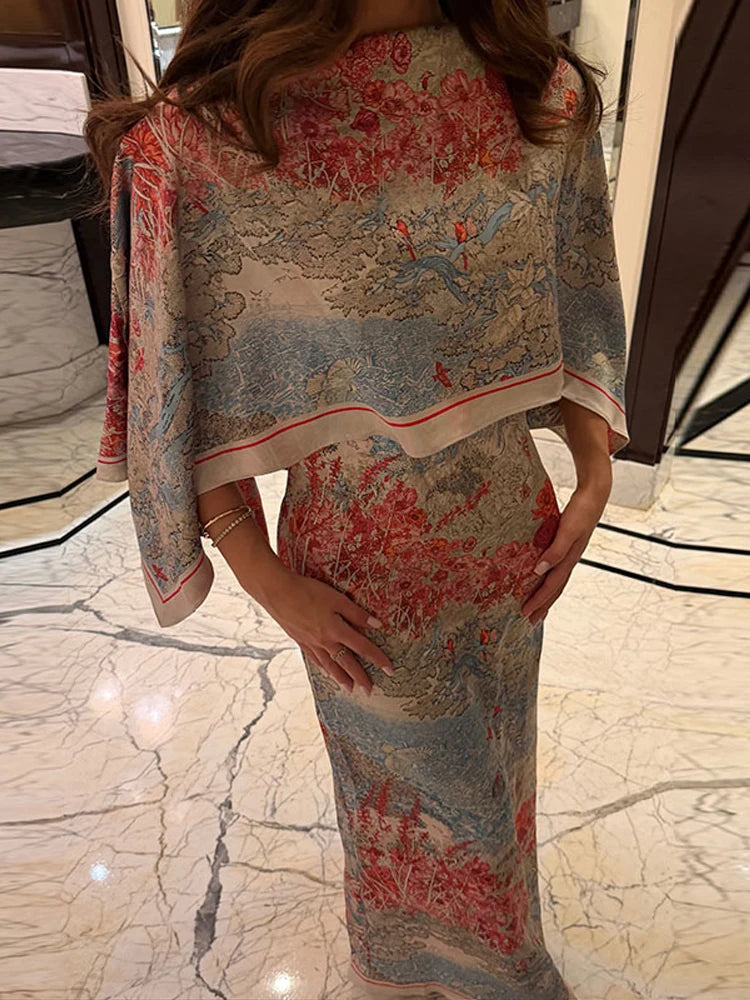 Women Floral Dress With Attached Shawl Cape Overlay Waisted Bodycon Maxi Dresses Fashion Elegant Commute 2026 Summer Autumn Gown