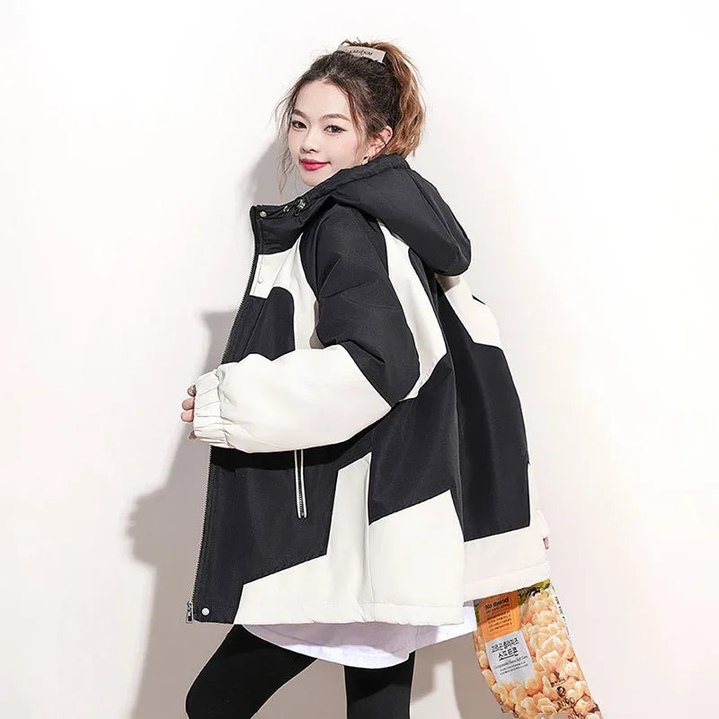 Black and White Patchwork Women Autumn Hiking Jacket Winter Winderproof Warm Hooded Coat Korean Zip Up Streetwear Couple Jackets