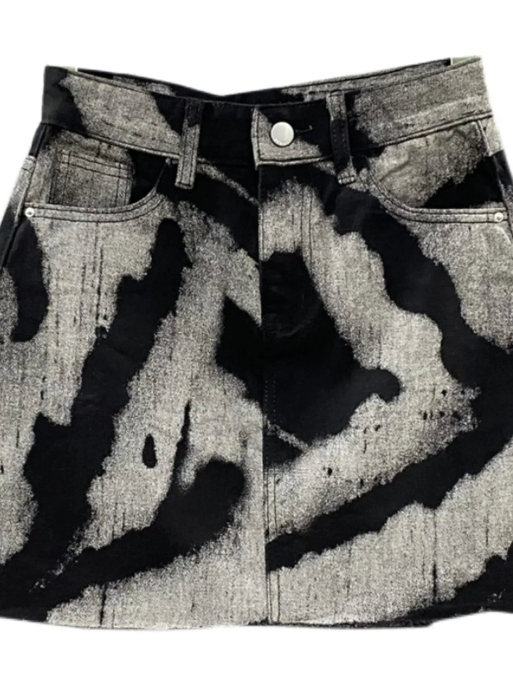Black Gray Tie Dye Denim Short Skirt High Waist Personalized Pattern Denim Skirt Fringed A-line Skirt Fashion Versatile Skirt