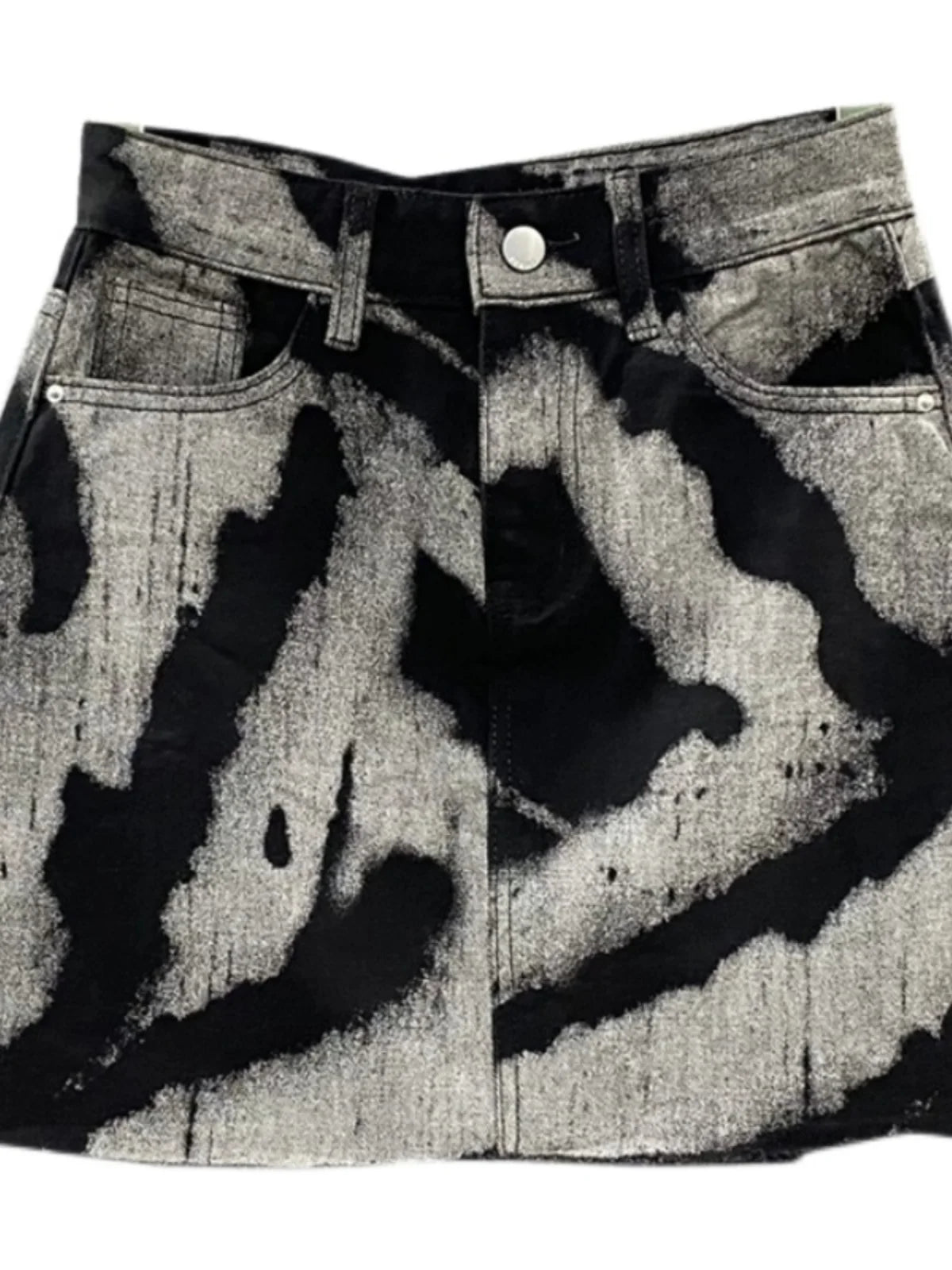 Black Gray Tie Dye Denim Short Skirt High Waist Personalized Pattern Denim Skirt Fringed A-line Skirt Fashion Versatile Skirt