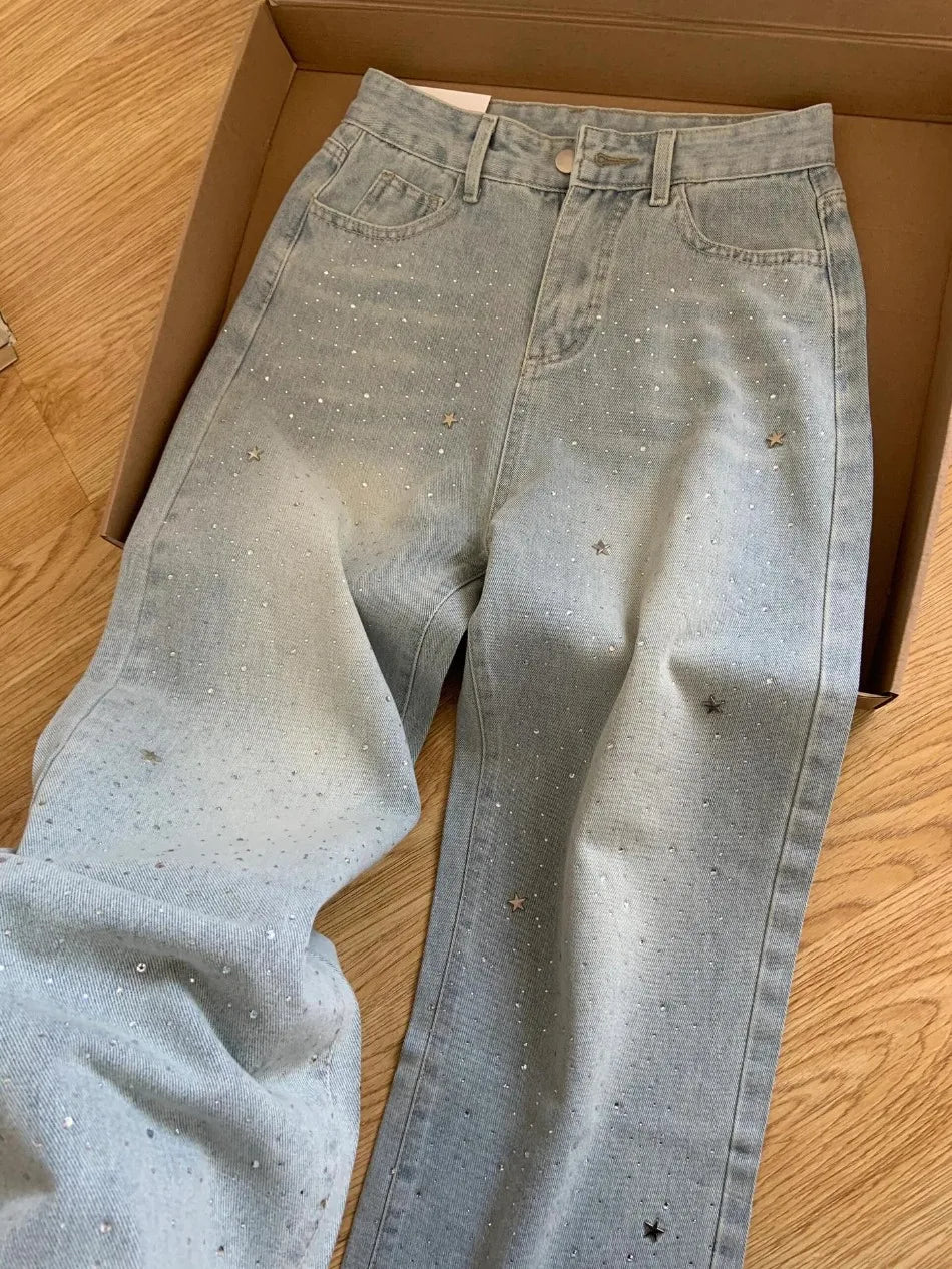 Summer New Fashion Joker Straight Pants Jeans American Light-colored Stars Rhinestone Shiny High Waist Slim Wide-leg Jeans
