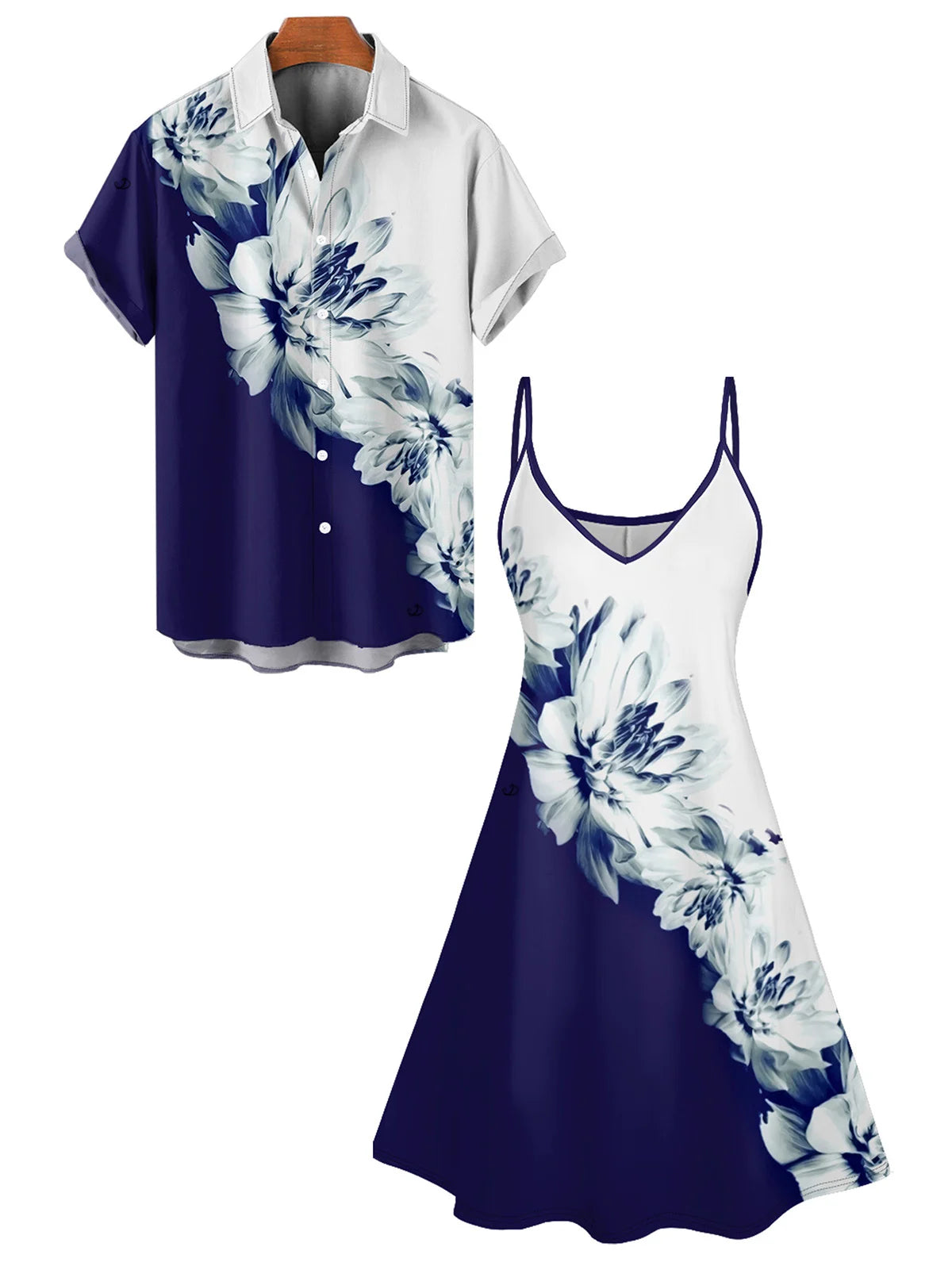 Dressfo Couple Outfits Hawaiian Vacation Color Clash Flower Pattern Printed Dress and Rolled Sleeve Shirt Couple's Set