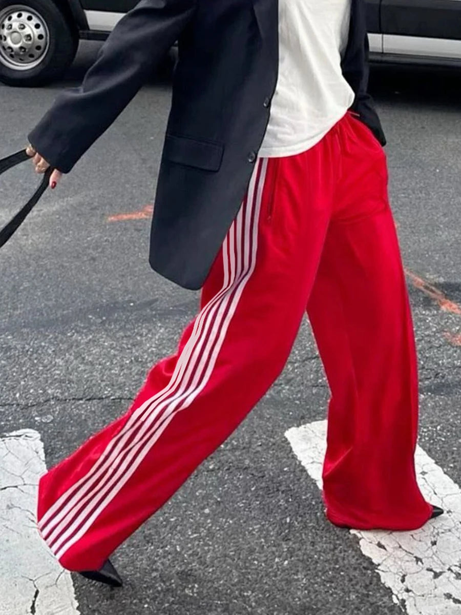 New Fashion Womens Striped Pants Loose Elastic Waist Drawstring Straight Leg Casual Sweatpants With Pockets Streetwear S M L