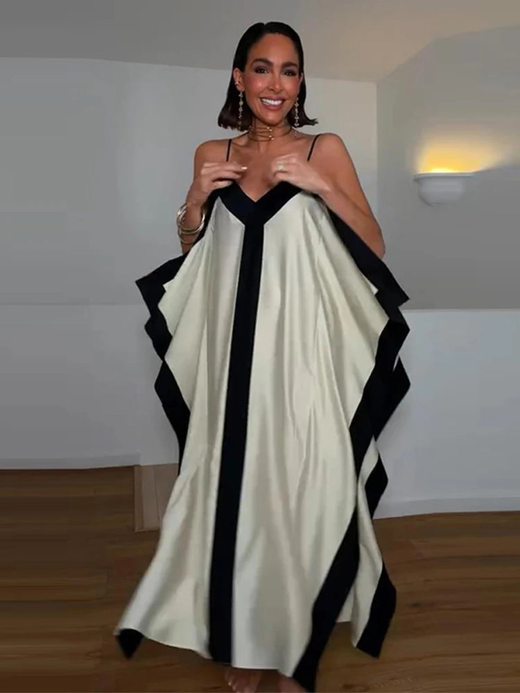Contrast Black Trim Satin Cami Maxi Dress Deep V Neck Loose Flowy Ruffle Hem Lady Long Gown 2026 Summer Formal Vacation Dresses