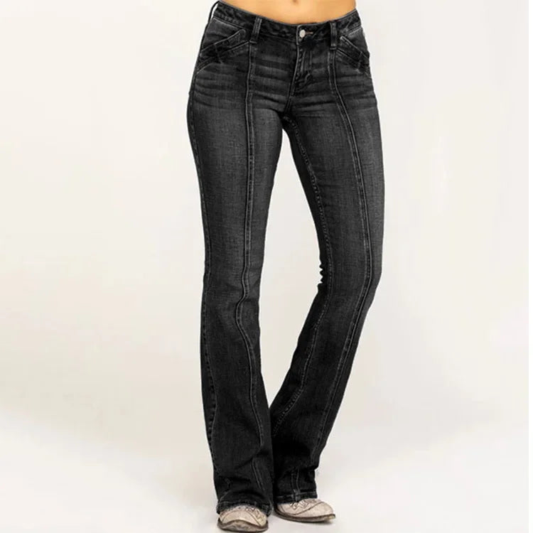 European American Ladies Washed Flare Denim Pants High Waist Slim Fit Casual Daily Long Women Jeans For Street Daily Wear