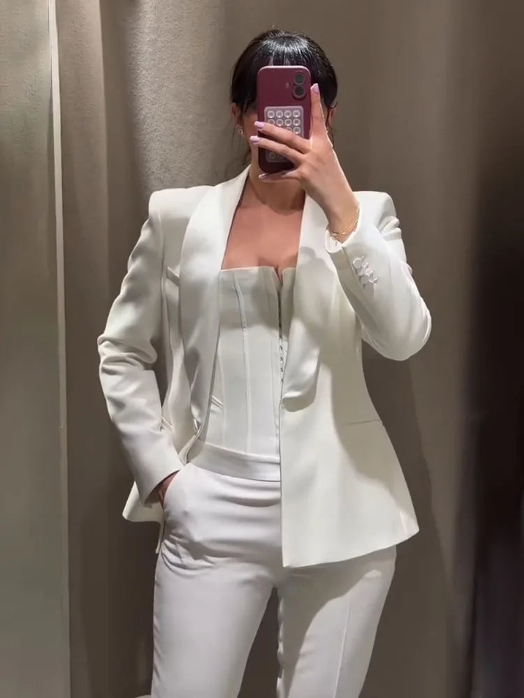 HH 2026 Women New Fashion Solid 2-Piece Set Single Button Long Sleeve Blazer Jacket+High Waist Zipper Pockets Solid Long Pants