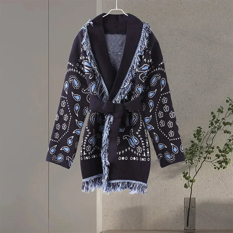 Casual Print Tassel Cardigan Women Elegant Belt V-neck Long Sleeve Knitted Sweaters Female 2026 Autumn Winter Knitwears Lady