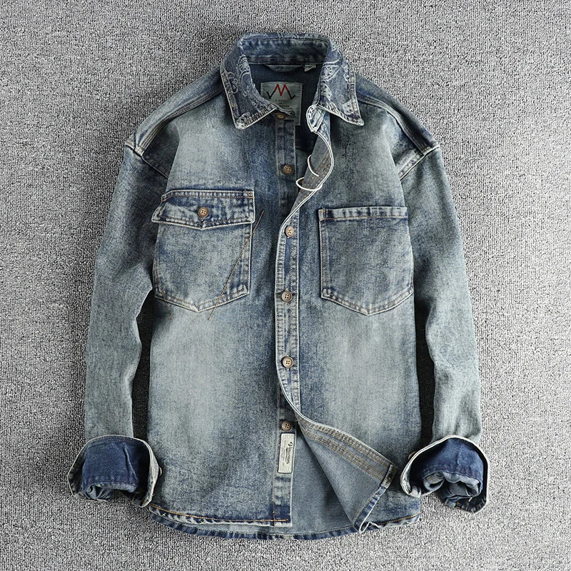 Heavy collar cashew flower embroidery design sense of British vintage denim shirt men's autumn trend coat with long sleeves