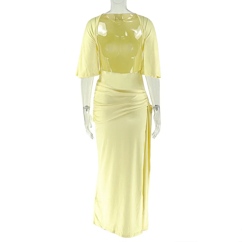 Weird Puss Sexy Split Dress Women Y2K Belt Ribbon Patchwork Backless Short Sleeve Classic Evening Birthday Party Elegant Bodycon
