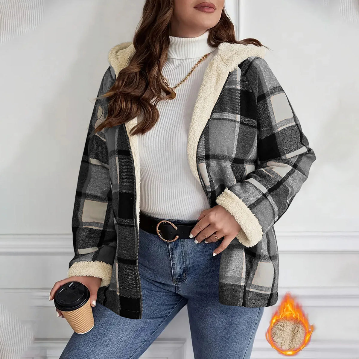 Women's Large Plaid Style Womens Jacket With Hooded Plaid Autumn And Winter Casual Loose Black White Plaid Coat Button Fall Top