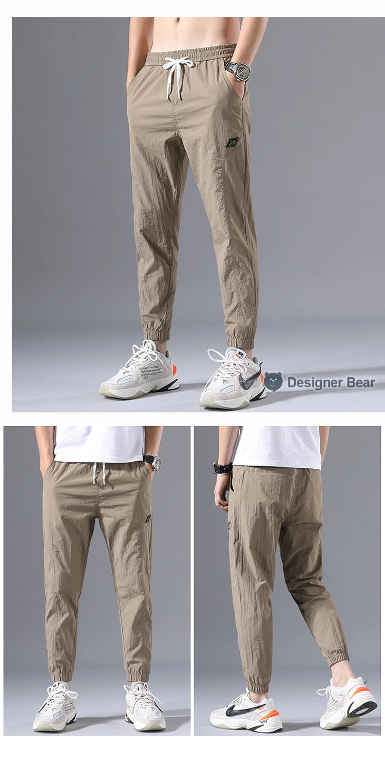 2026 Summer Thin Men's Wrinkled Fabric Loose Tapered Harem Pants Quick-Dry Elastic Cuff Casual Trousers Elastic Waist City Boy