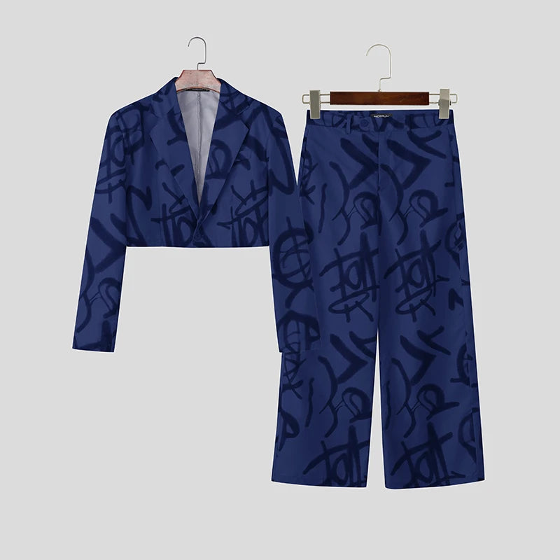 INCERUN Men Sets Printing Lapel Long Sleeve Crop Blazer & Pants Two Pieces Sets Streetwear Personality Fashion Men Casual Suits