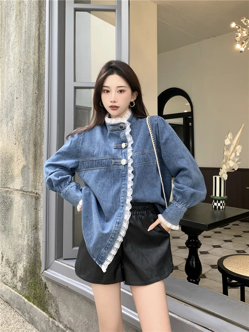 2025 Spring Lace Denim Shirt Women Fashion Patchwork Long Sleeve Blouse Female Loose Stand Collar Button Down Jean Shirts Woman