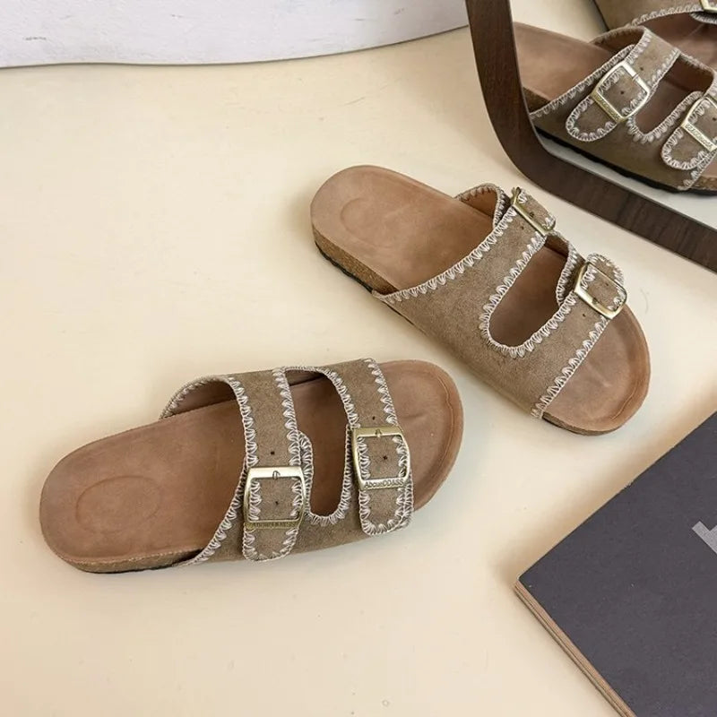 Women's Flat Slide Sandals Open Toe Suede Look Double Buckle Strap Slip on Whipstitch Detail Casual Summer Daily Walking Shoes