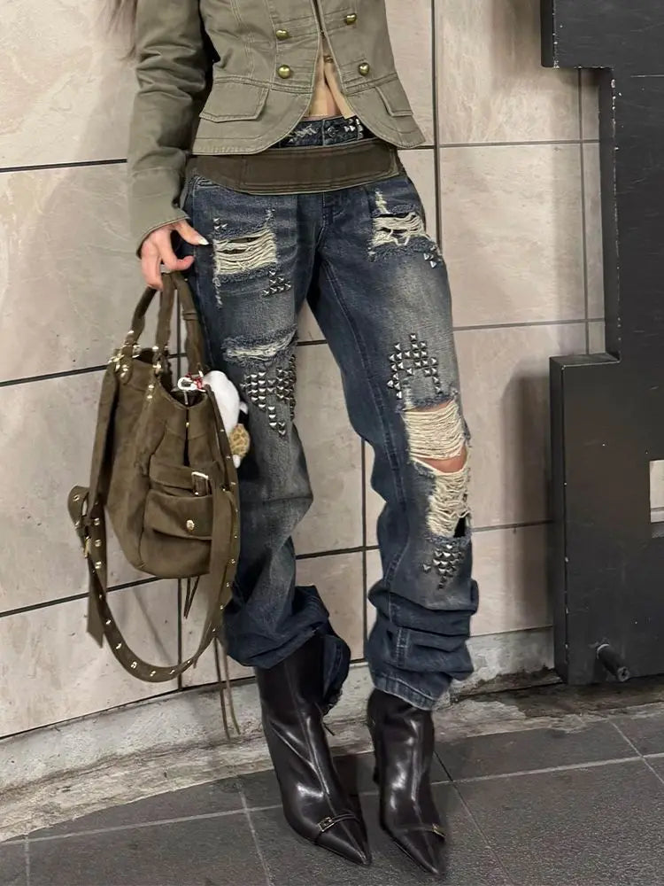 American Vintage Streetwear Full-Length Jeans Distressed Women Casual Y2k Grunge Retro Ripped Bodycon Denim Pants Hot Girl