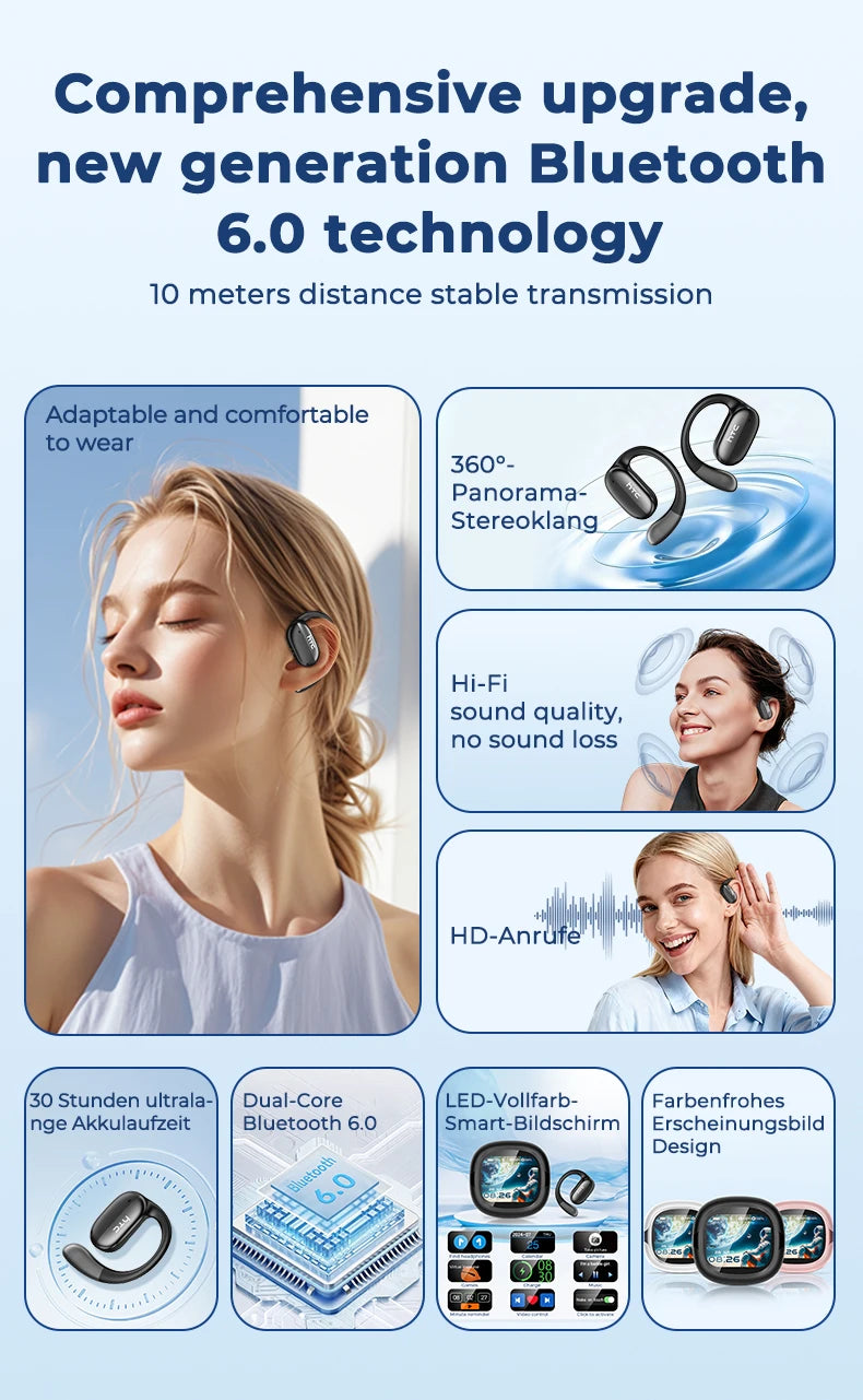 HTC Bluetooth Headset Surround Sound Hi-Fi Stereo Comfort Fit Lightweight Open Ear for Sport Running Wireless Earbuds NE58