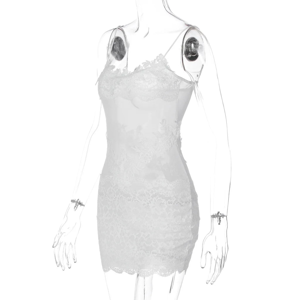 Woman Clothing Spaghetti Strap Mesh Lace Patchwork Party Club Dress Female Sexy See-through Sleeveless Short Evening Dresses