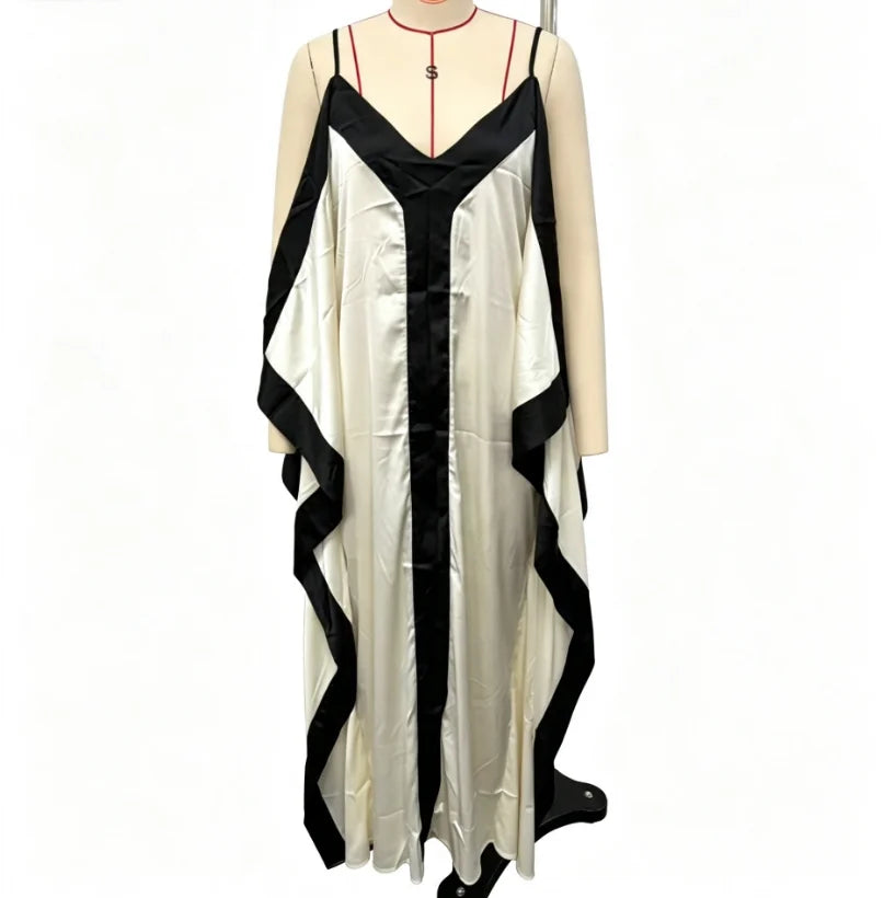 Contrast Black Trim Satin Cami Maxi Dress Deep V Neck Loose Flowy Ruffle Hem Lady Long Gown 2026 Summer Formal Vacation Dresses