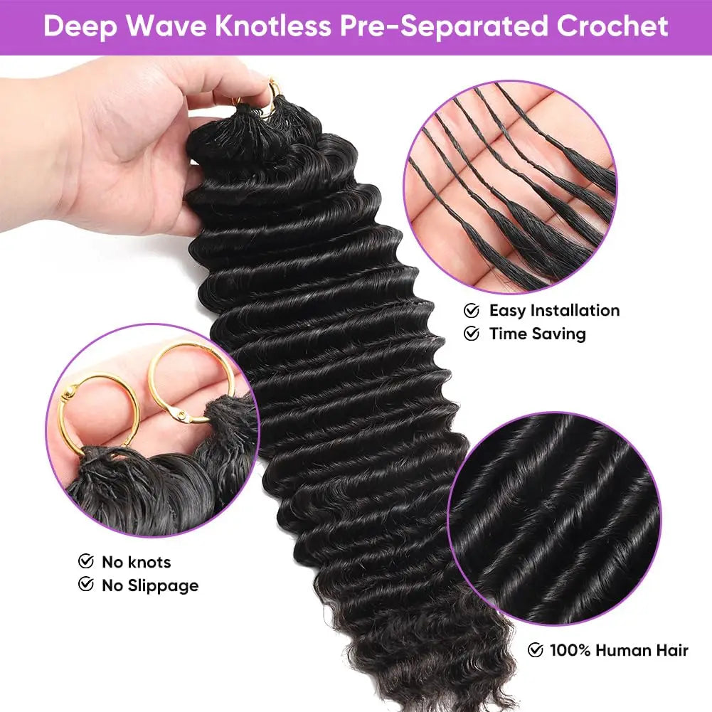 Feather Crochet Human Hair Miracle Knots Pre-divided Human Crochet Hair Bundle Knotless Deep Wave Boho Braids Crochet Human Hair