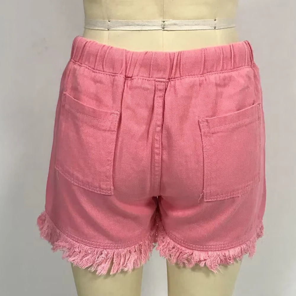 Women’s Denim Shorts Drawstring Elastic Waist Frayed Hem Short Pants Summer Casual Vintage Hottie Girls Loose Jeans with Pockets