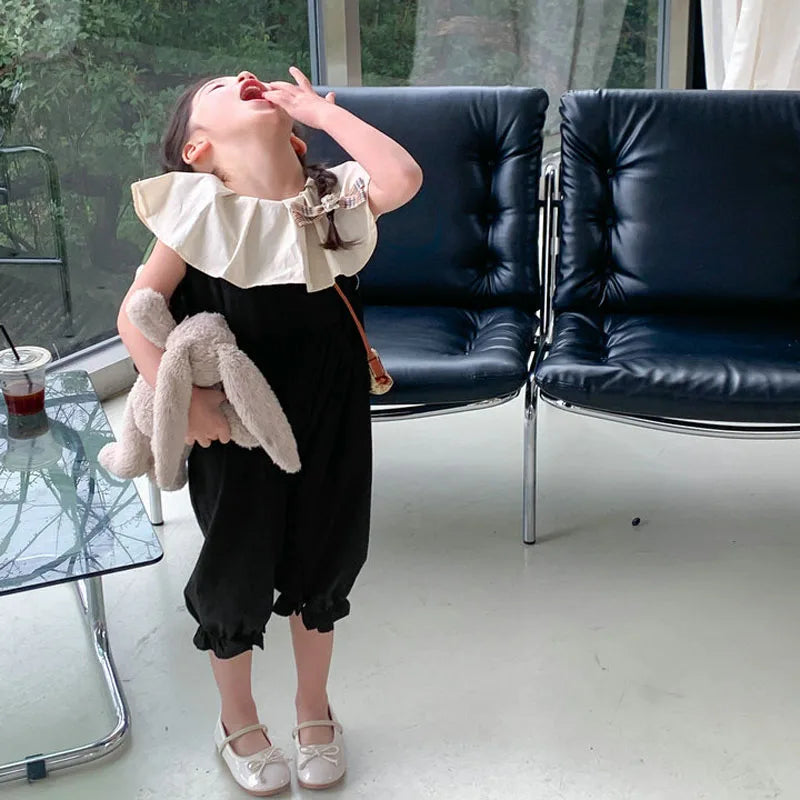 Girls' Jumpsuit with Ruffle Collar and Loose Leg Detachable Rompers Summer Outfits New Fashionable Casual Children's Clothing