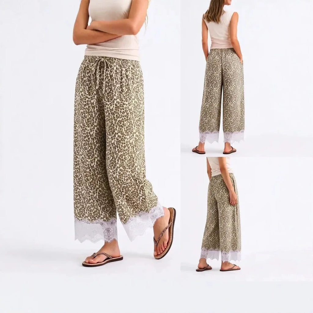 Women Leopard Print Wide Leg Pants Elastic Drawstring Waist Lace Trim Hem Loose Casual Palazzo Trousers With Pockets