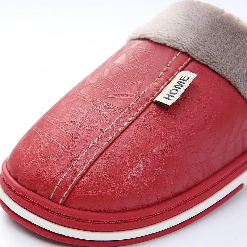 Big Size 50-51 Men Slippers Winter PU Leather Warm Indoor Waterproof Home Furry Flats Couples Slides Bedroom Non Slip Shoes