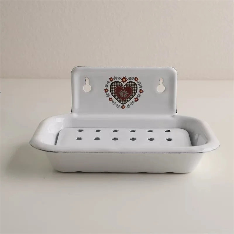 Vintage Enamel Soap Dish with Wall Mount, White, 6.1 X 3.9 X 3 Inches, Multiple Decorative Patterns