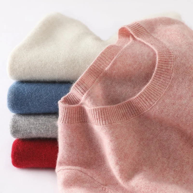 100%Merino Pure Wool Pullover Sweater For AutumnWinter Women's Round Neck Warm High-Quality Solid Color Basic Knitted Jumper Top
