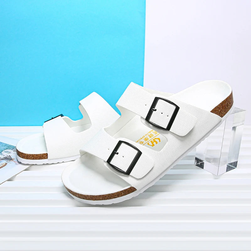 Summer Men Women Cork Slippers Clogs Microfiber Leather Slides Casual Slip On Sandal Double Buckle
