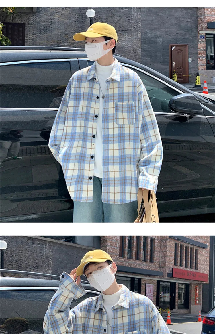Men's Plaid Long Sleeve Shirt Loose Fit Thin Style Autumn Spring Casual Wear Sun Protection Outerwear Classic Check Pattern