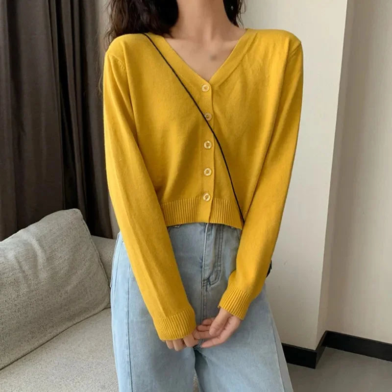 2025 Women's Long Sleeve Cropped Cardigan V Neck Button Down Knit Lady Autumn Spring Knitted Single-breasted Cardigan Sweaters