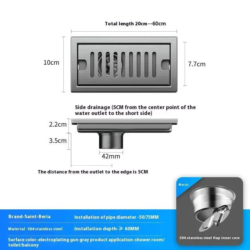 20/30/40/50/60cm Stainless Steel Shower Floor Drain Bathroom Rectangle Linear Floor Drainage Floor Drain with Strainer Covern
