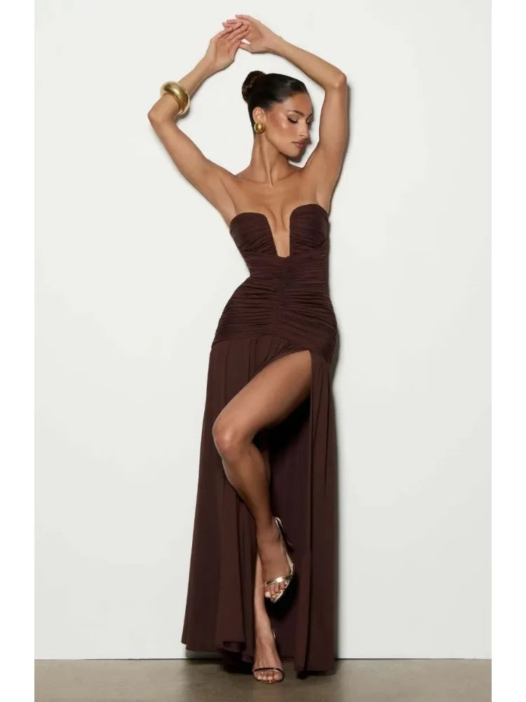 2026 Deep V Neck Pleated Strapless Dress Women Elegant Off Shoulder Backless Split Maxi Evening Party Vestidos