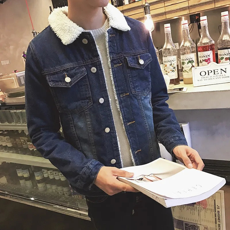 Mens Winter Fleece Denim Jacket Thick Warm Lambswool Loose Plus Size Cotton Trendy Casual Outerwear Coat