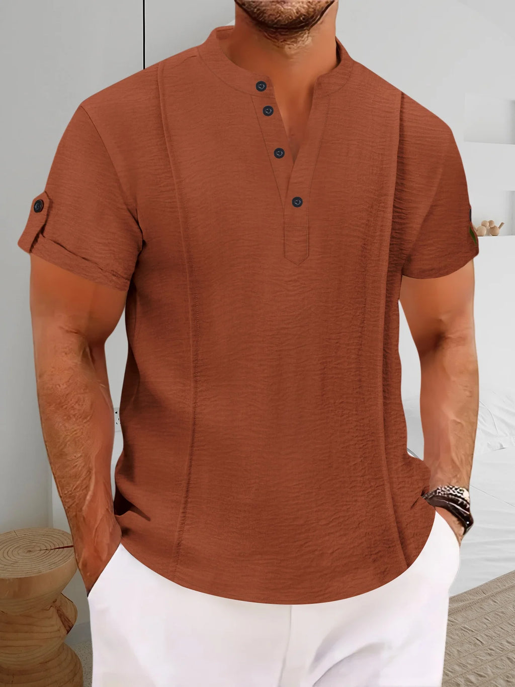 2025 Summer Blockbuster Fashion Shirt Men's Short Sleeve Button Pleats Solid Color V-Neck Casual Outdoor Comfort Henry Shirt
