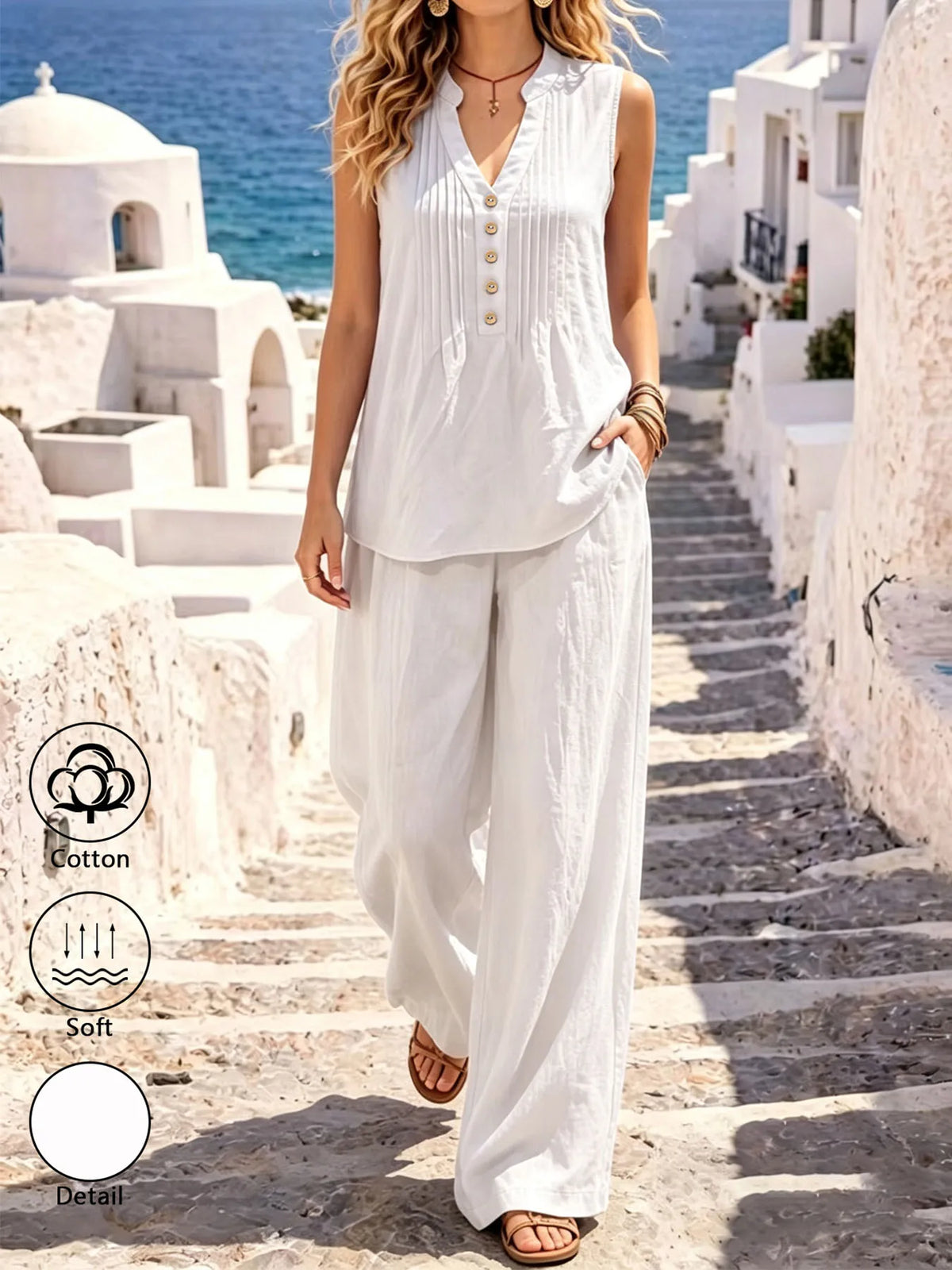 Women's 100% Cotton Casual Two-Piece Set: Sleeveless Tank Top & Wide-Leg Pants – Lightweight, Minimalist, and Stylish