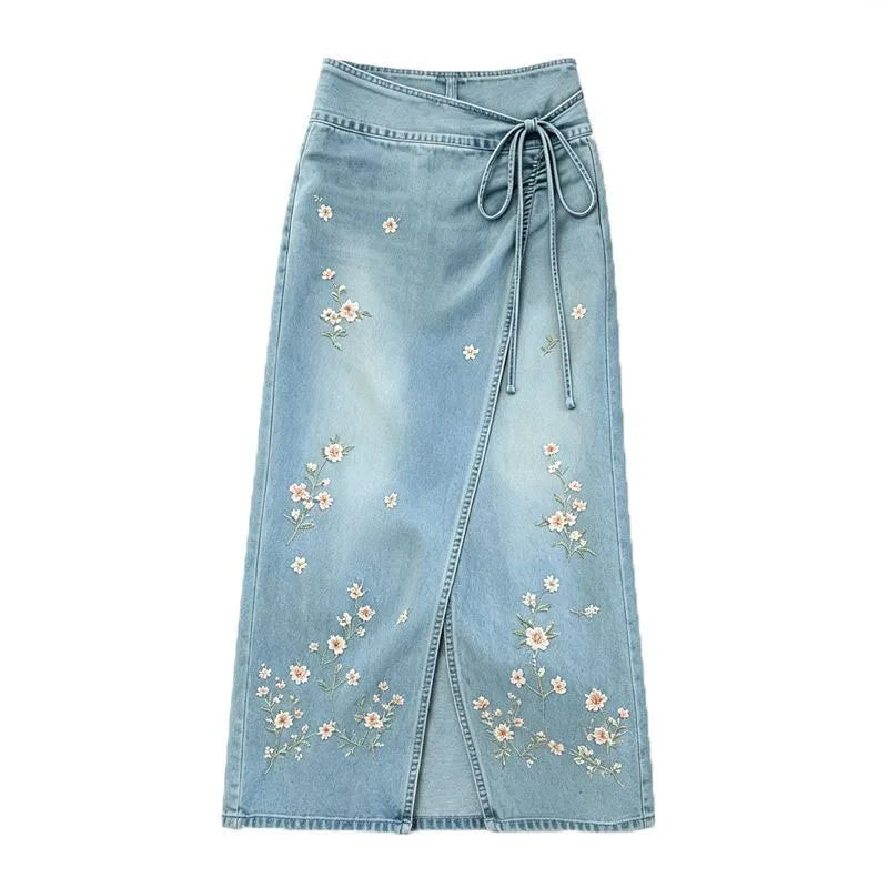 Side Slit Denim Long Skirts Womens Summer Vintage Floral Embroidery Jeans Pencil Skirt Bandage High Waist Women Long Skirt