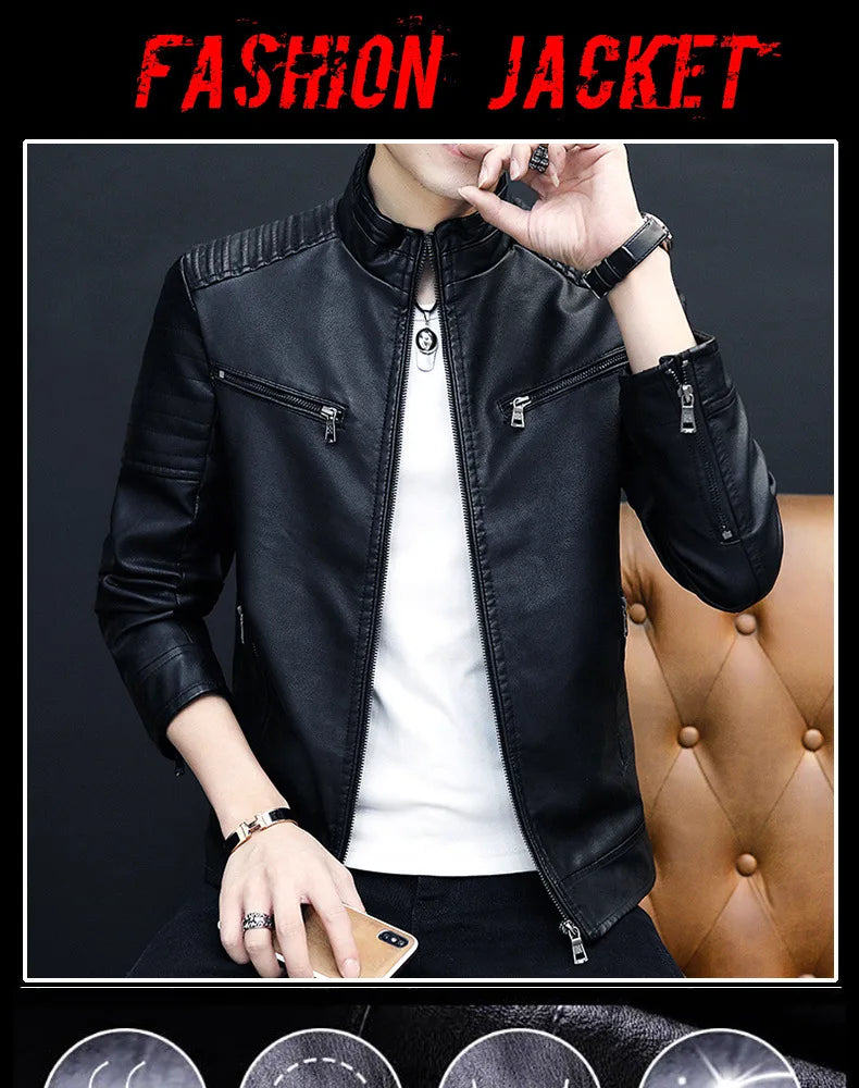 Winter Stand Collar Zip-Up Pocket PU Leather Jacket Men's Slim Business Casual