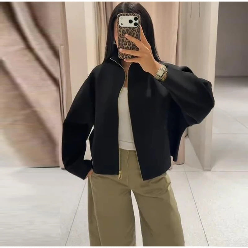 Elegant Knitted Zipper Women's Sweater Solid Full Sleeve Stand Collar Loose Open Stitch Female 2026 Fashion Autumn Outwear Lady